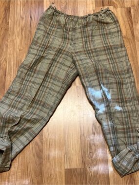VTG Linen Plaid Crop Pants Women’s Lg Elastic Waist Golf Core Lagenlook Heritage
